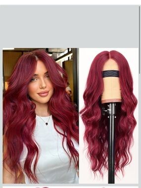 Deep Burgundy Long Wavy middle part synthetic wig 27"